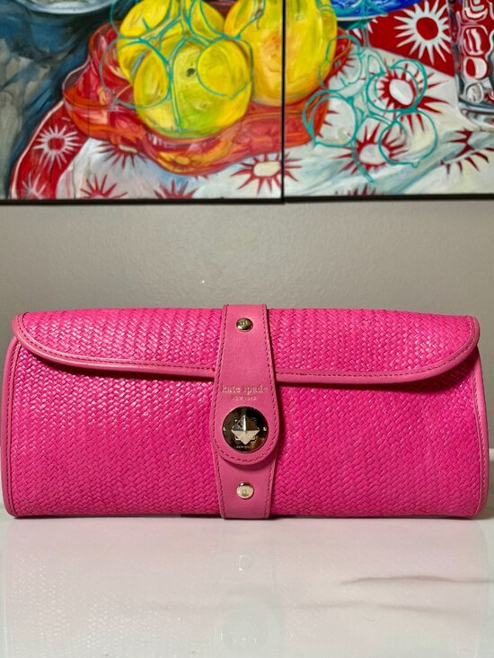 kate spade Handbags - Kate Spade NY Medium Woven Straw Leather Clutch Barbie Pink Floral Lining